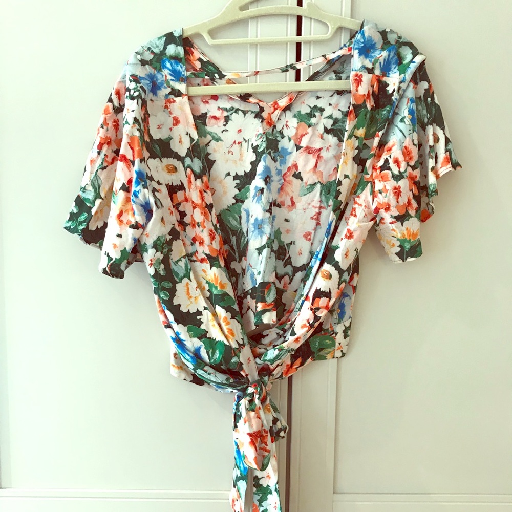 Floral wrap shirt with open back